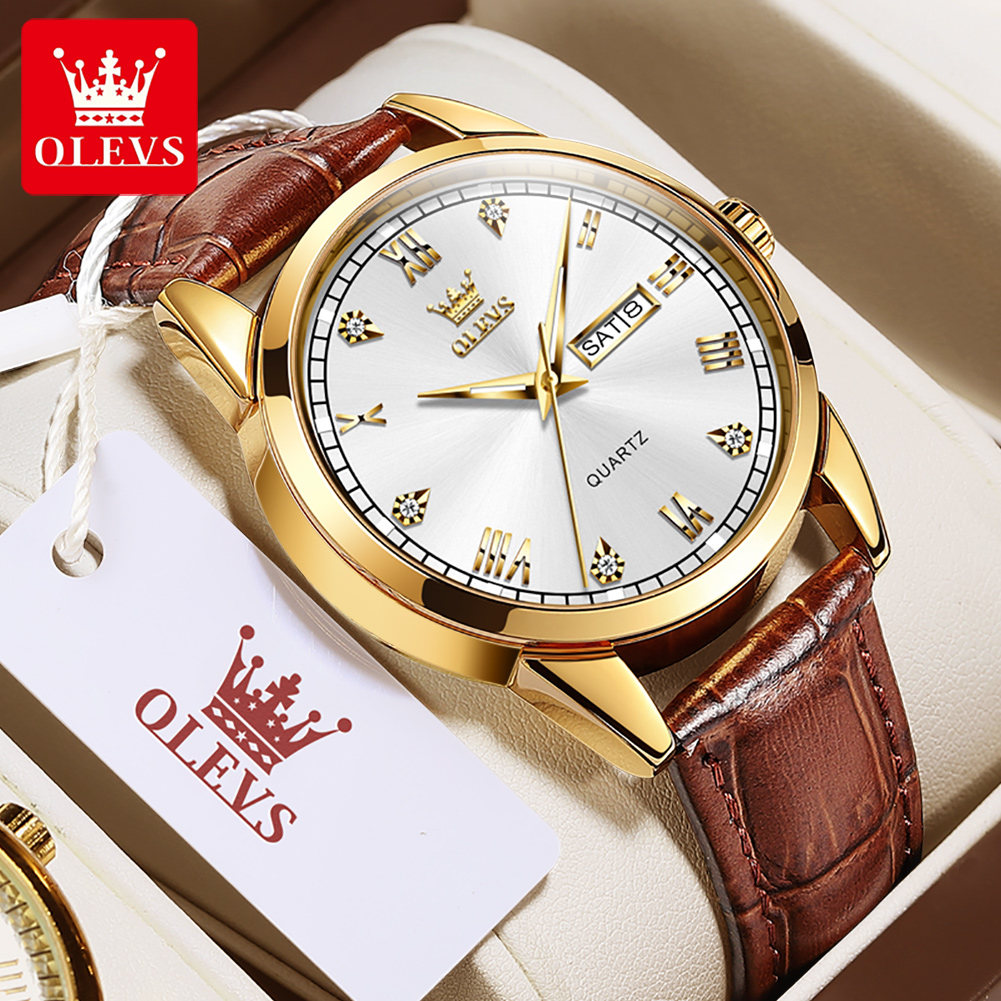 Leather Watch Band Men - OLEVS 6896 トップブランドメンズクォーツ時計発光レザーストラップ防水日付週カジュアルファッション腕時計男性用