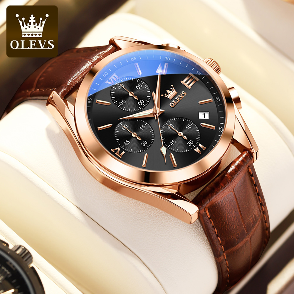 OLEVS 2872 クロノグラフクォーツ腕時計、オリジナル - Leather Watch Band Men のレビューと価格